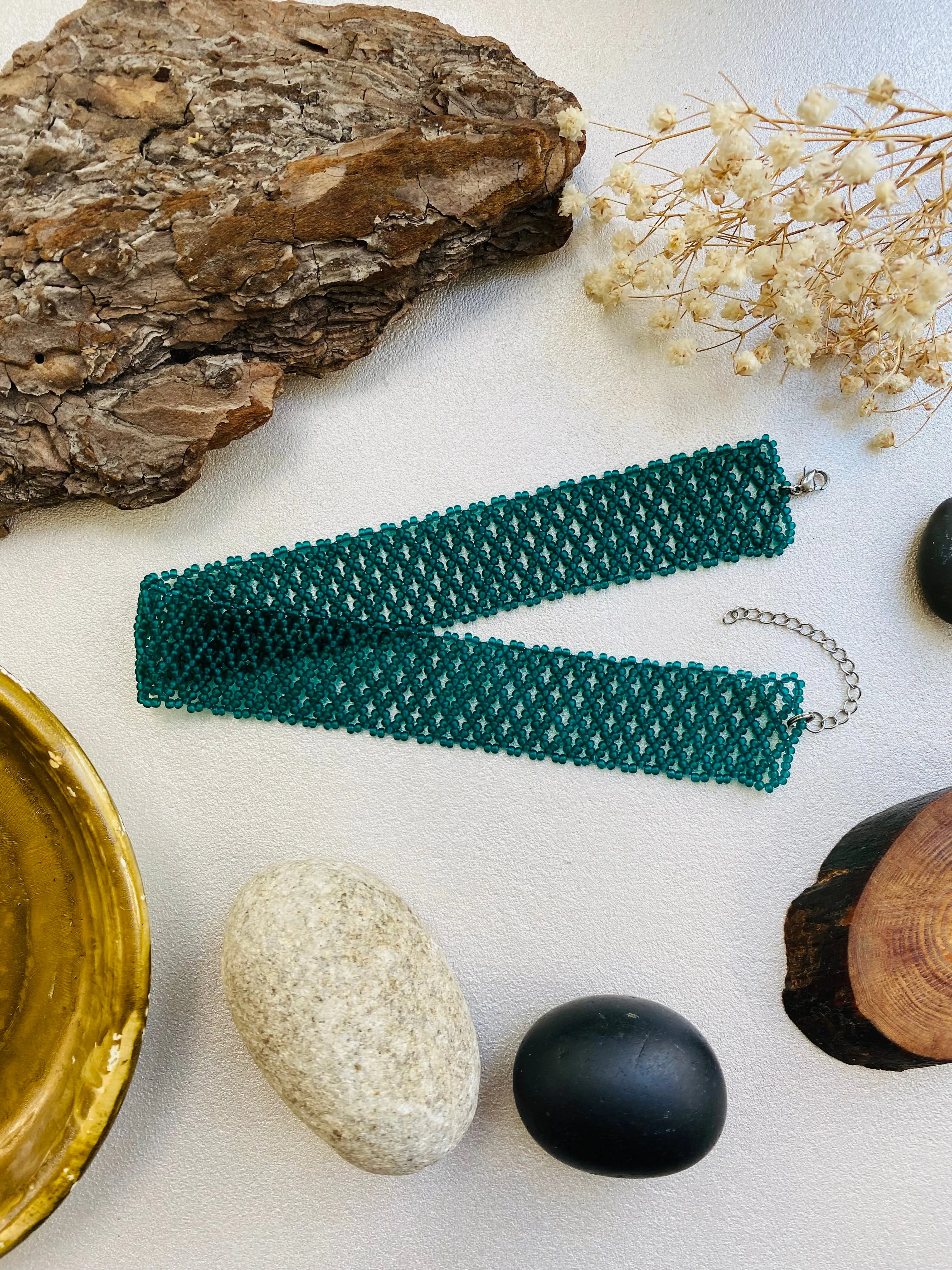 Wide Emerald Choker, Green Seed Bead Choker Collar, Thick Choker Necklace, Bead Lace Choker, Unique Choker, Boho Hippie Choker, Sexy choker