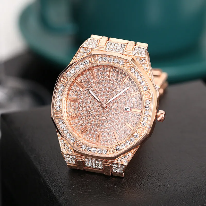 Women's Watch Diamond Alloy Fashion Calendar Steel Belt Men's Quartz Wrist Watch