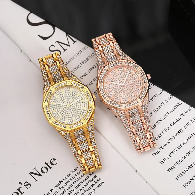 Women's Watch Diamond Alloy Fashion Calendar Steel Belt Men's Quartz Wrist Watch