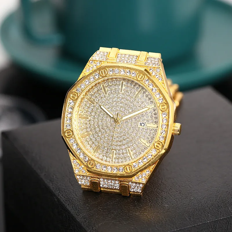 Women's Watch Diamond Alloy Fashion Calendar Steel Belt Men's Quartz Wrist Watch