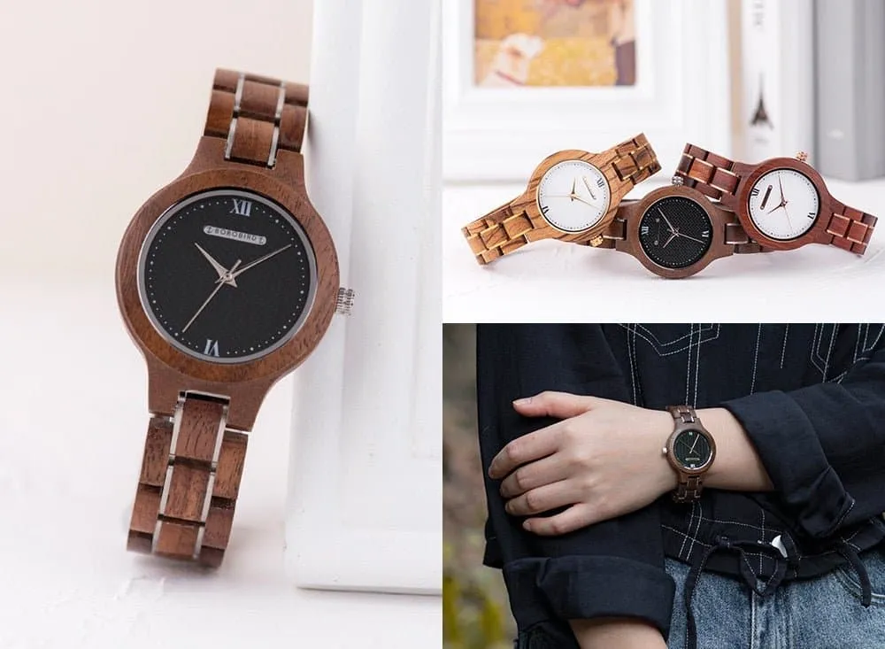 Wooden Quartz Wristwatch for Women - Water Resistant, Genuine Leather Strap