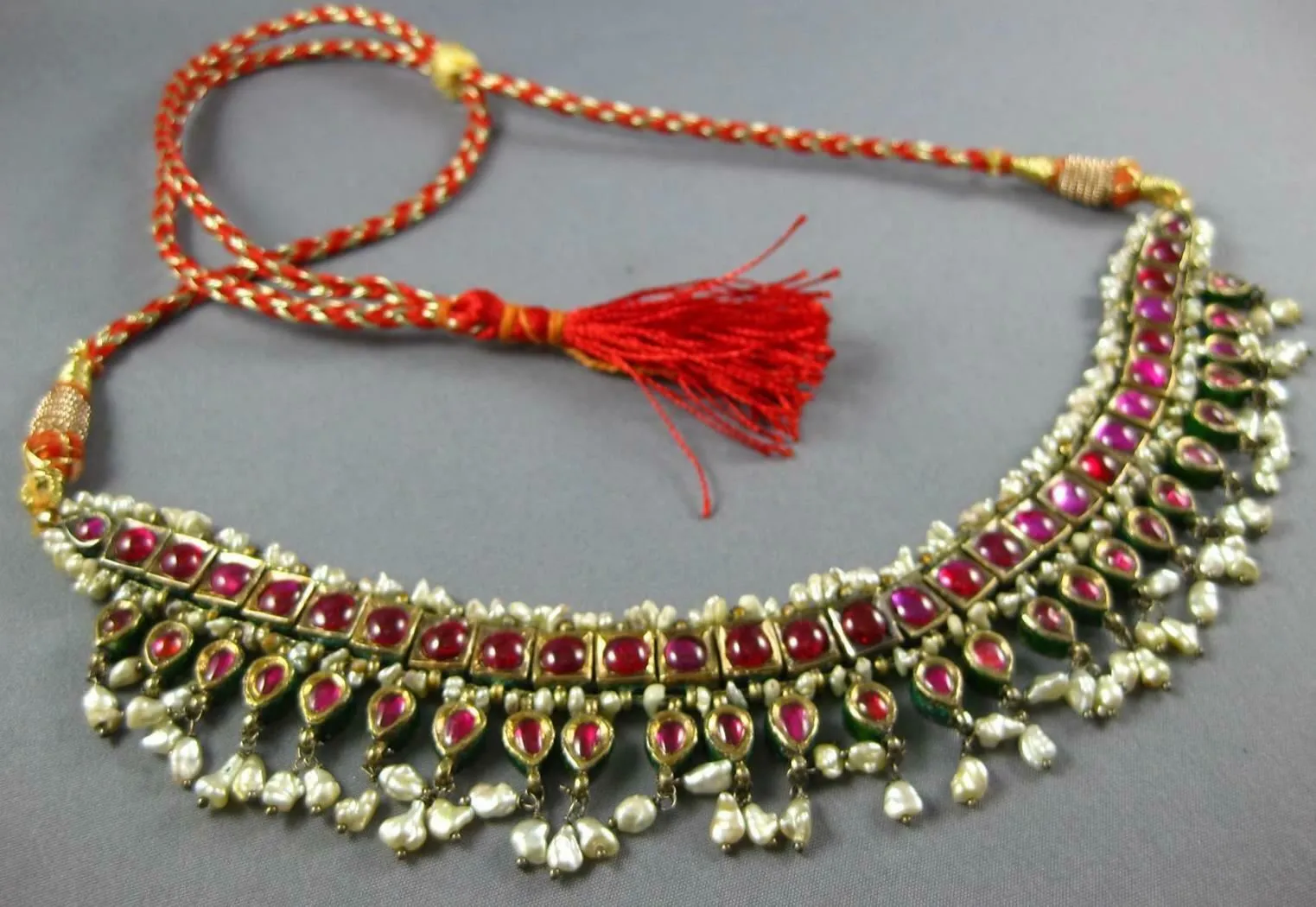 XL LARGE ANTIQUE RUBY & PEARL 18K YELLOW GOLD & SILVER INDIAN CLEOPATRA NECKLACE