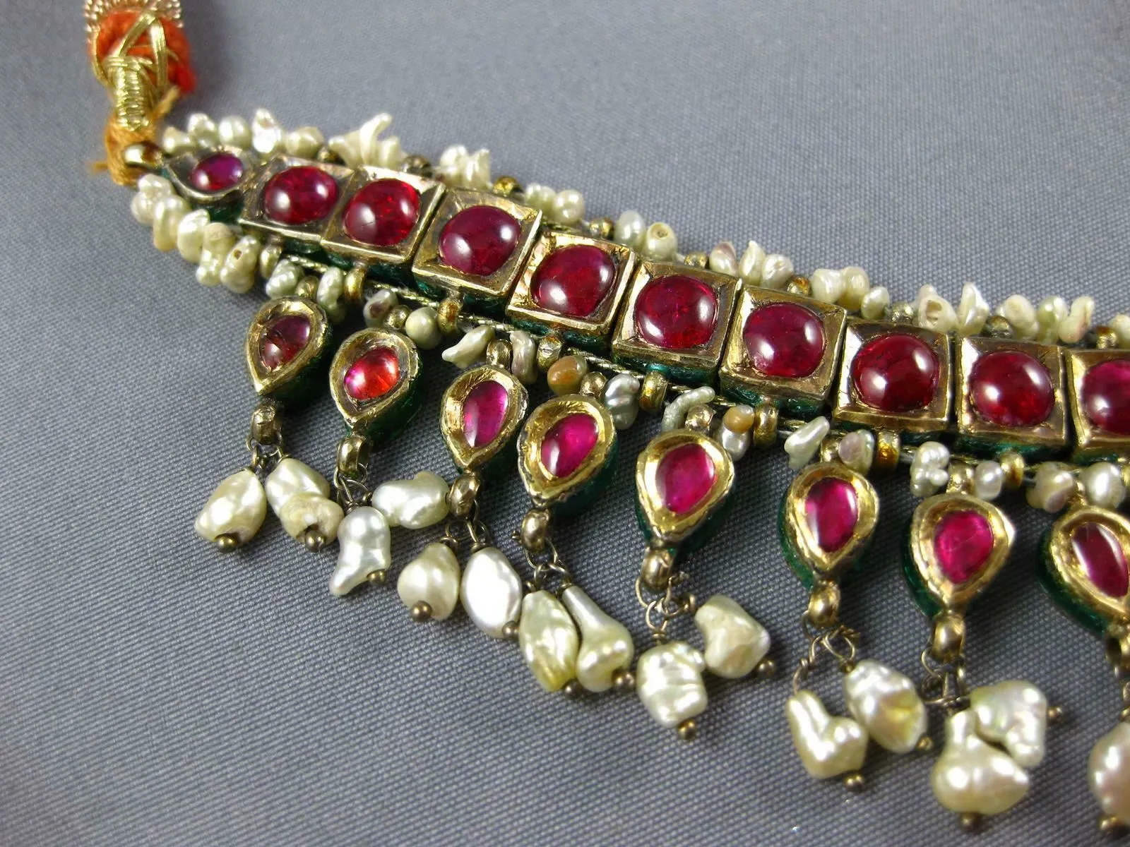 XL LARGE ANTIQUE RUBY & PEARL 18K YELLOW GOLD & SILVER INDIAN CLEOPATRA NECKLACE