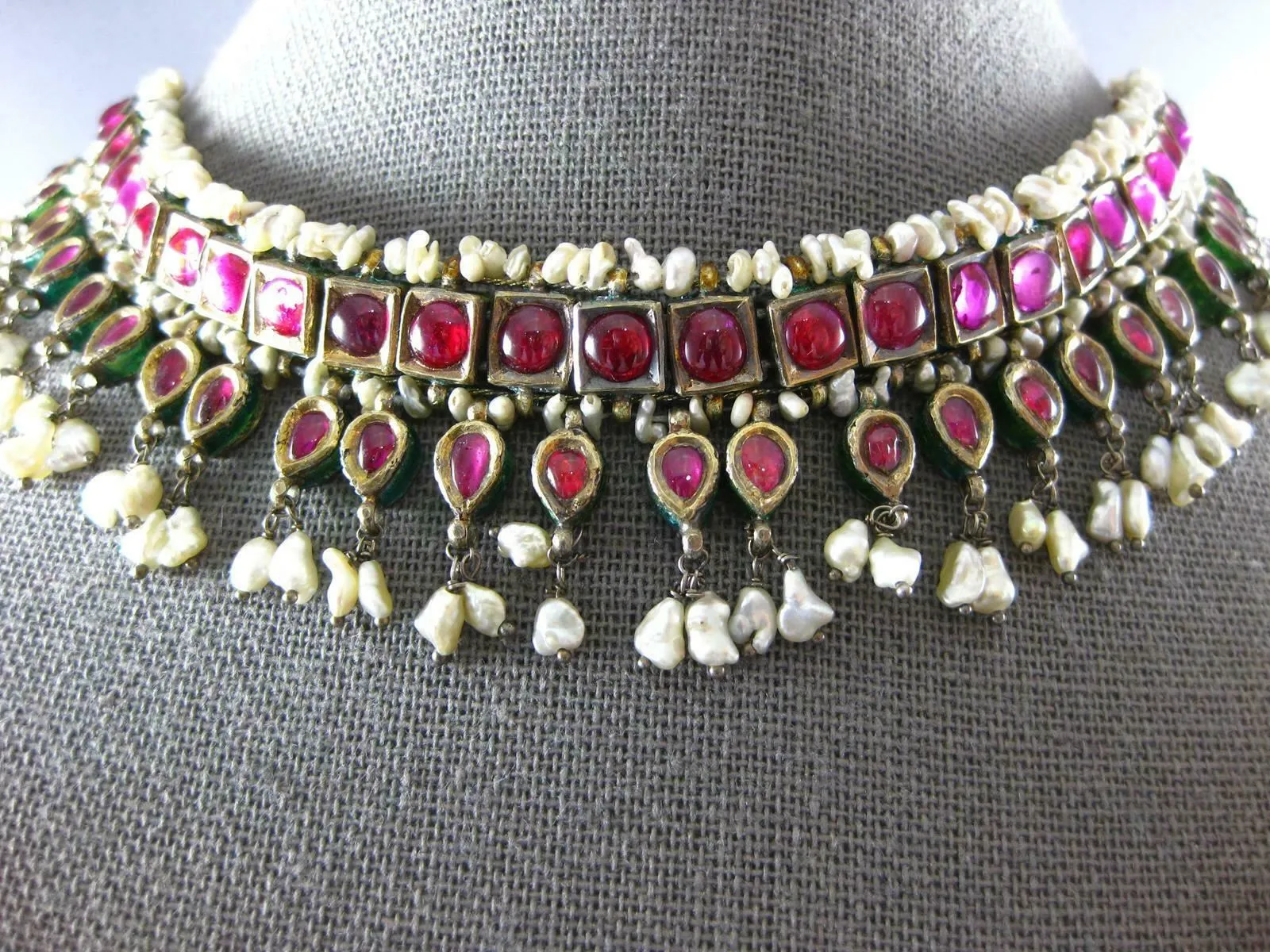 XL LARGE ANTIQUE RUBY & PEARL 18K YELLOW GOLD & SILVER INDIAN CLEOPATRA NECKLACE