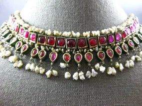 XL LARGE ANTIQUE RUBY & PEARL 18K YELLOW GOLD & SILVER INDIAN CLEOPATRA NECKLACE