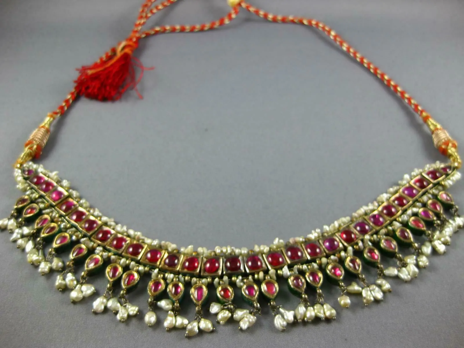 XL LARGE ANTIQUE RUBY & PEARL 18K YELLOW GOLD & SILVER INDIAN CLEOPATRA NECKLACE