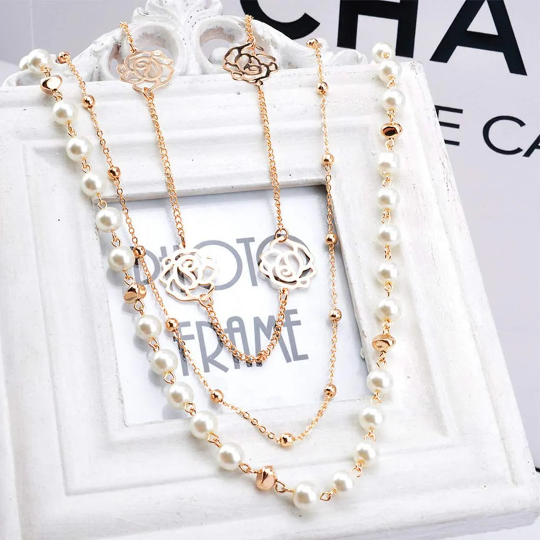 Yellow Chimes Long Chain Necklace for Women Pearl Necklace for Girls Multilayer Gold-Plated Floral Chain Necklace for Women and Girl's